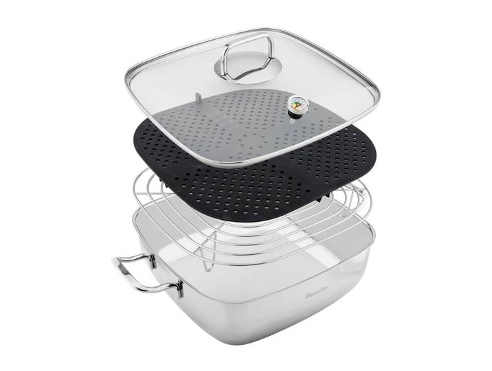 Berndes Servierpfanne b.vital, Edelstahl, Metall, 6,5 L, quadratisch, hitzebeständige Griffe, kratzfest, besonders hoher Rand, geschmacksneutral, PTFE-frei, Kochen, Pfannen, Servierpfannen