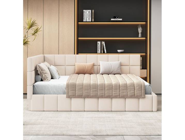 Polsterbett Schlafsofa 160x200 Mid-Century-Modern Tagesbett mit Lattenrost Beige - Sofa convertible lit 160x200cm
