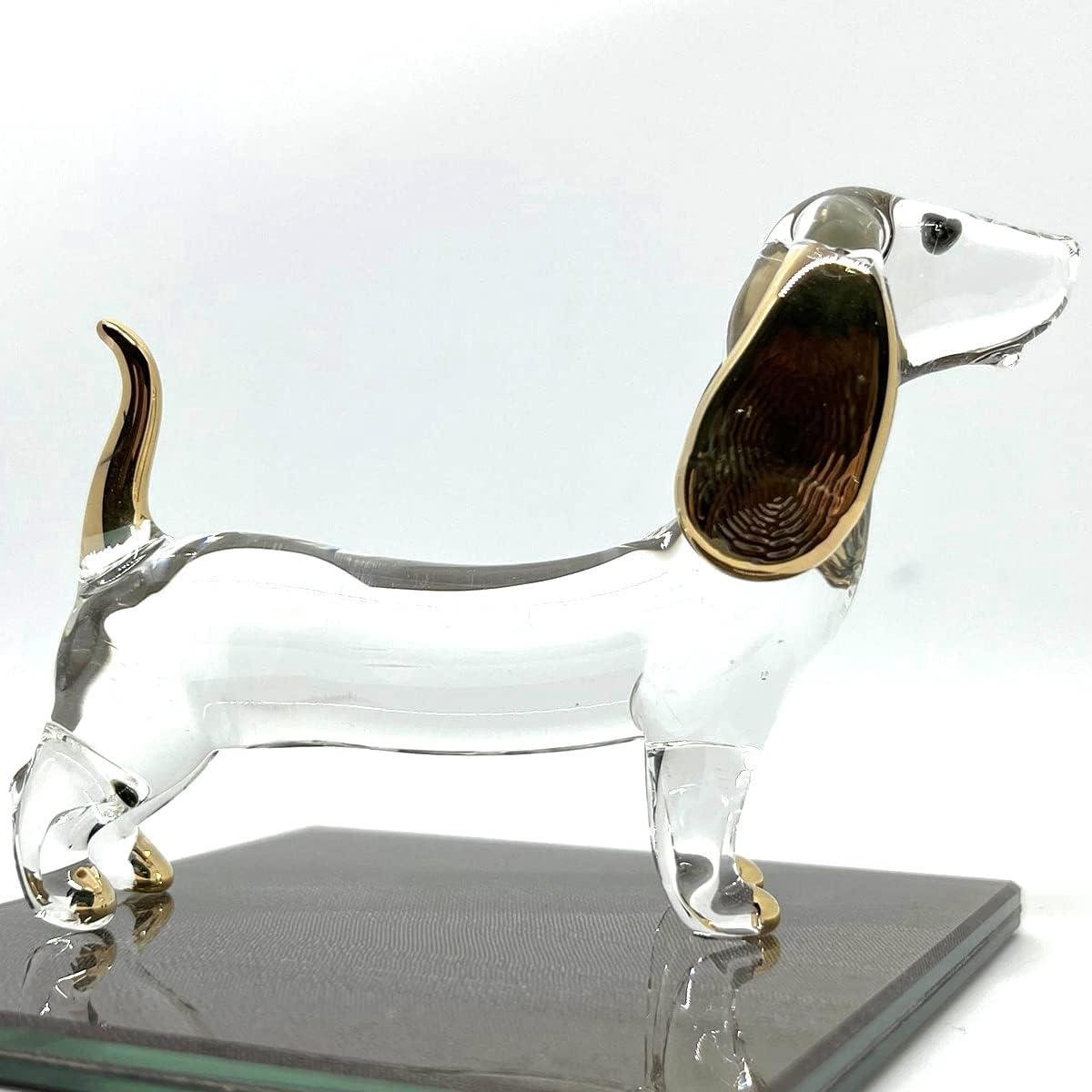 Handgeblazen Glazen Dachshund Figuur - Helder met Goud - Decoratief Hond Beeldje - Hoogte: 10 cm