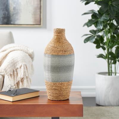 ARCILLA ELEMENTAL Brown Seagrass Handmade Rounded Wrapped Decorative Vase with Layered Gray Paneling