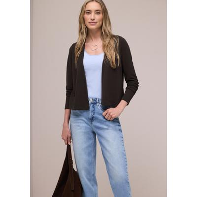Strickjacke STREET ONE "Style Nette", Damen, Gr. 42, braun (espresso braun), Jersey, Obermaterial: 60% Viskose, 40% Polyester, normal hüftbedeckend, V-Ausschnitt, abgerundeter Saum, Strickjacken Strickjacke, in offener Passform