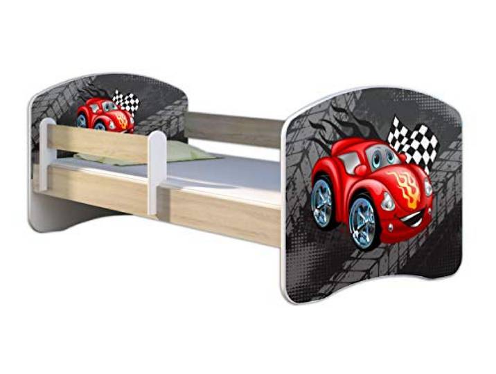 ACMA Kinderbett 160x80 Jugendbett mit Matratze, Farbe Sonoma mit Rausfallschutz Lattenrost II Spielbett Kinderzimmer Möbel, 05 Rote Auto