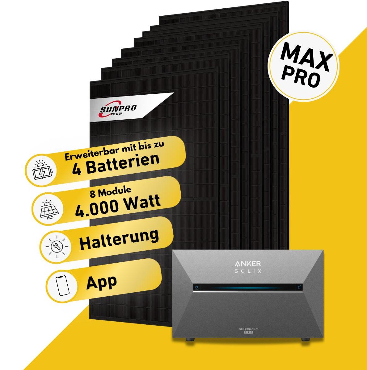Balkonstrom Balkonkraftwerk 4000W Solaranlage mit Speicher | Garten/Flachdachhalterung | 8xSolarmodul Bifazial | Anker Solix 3 Pro | Kabel 15m
