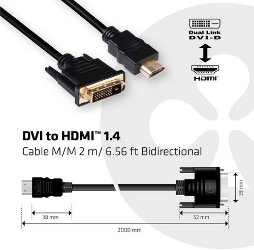 Club3D DVI / HDMI Adapterkabel DVI-D 24+1pol. Stecker, HDMI-A Stecker 2.00m Schwarz CAC-1210 Flammwidrig DVI-Kabel