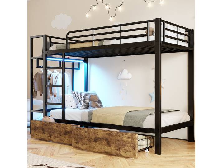 Lit Chambre Rangement 90x200 Metal Noir Enfant Led Havrya