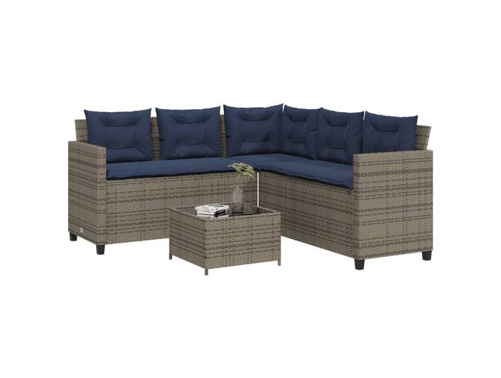 vidaXL Gartensofa mit Tisch und Kissen L-förmig Grau Poly Rattan