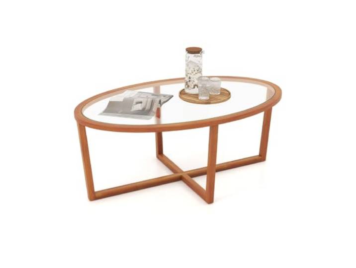 Helloshop26 Ovaler Couchtisch, 118 x 71,5 x 47,5 cm, aus Hartglas, mit Füßen aus Akazienholz, modernes Design, Glas, Braun, 20_0013772