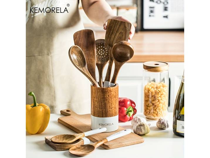 KEMORELA 9 pièces ustensiles de cuisine en bois d'acacia cuillères en bois pour cuisine avec porte-ustensiles et spatule de repos cuillère fendue