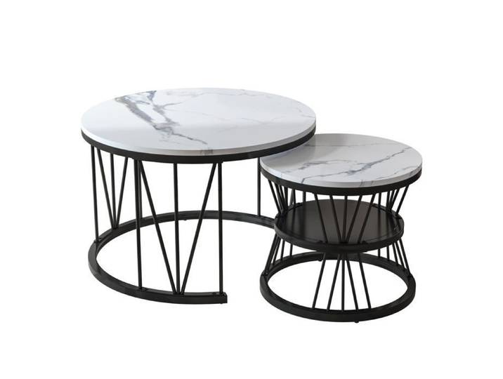Table Basse Salon Lot de 2 Table Basse Ronde Cadre en Métal Table Basse En Bois d'Appoint pour Chambre D 70/45 cm Blanc et Noir