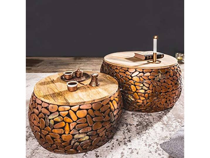 cagü 2er Set Couchtische Ravenna Kupfer Mangoholz mit Metallplättchen im Mosaik-Design handgefertigt 65cm/55cm