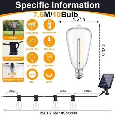 Uplift Essentials Solar Globe LED String Lights With Remote Control And USB Recharge 25ft 7.6m 10bulb