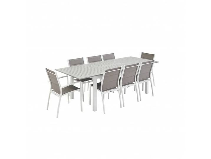 Table de jardin extensible aluminium + 8 assises - Chicago Blanc / Taupe - Table extensible 175/245cm avec rallonge et 8 assises