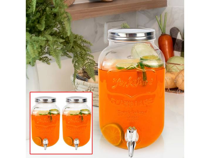 2er-Set Getränkespender aus Glas, eckiger Einmachglas-Look, Zapfhahn, 4 Liter