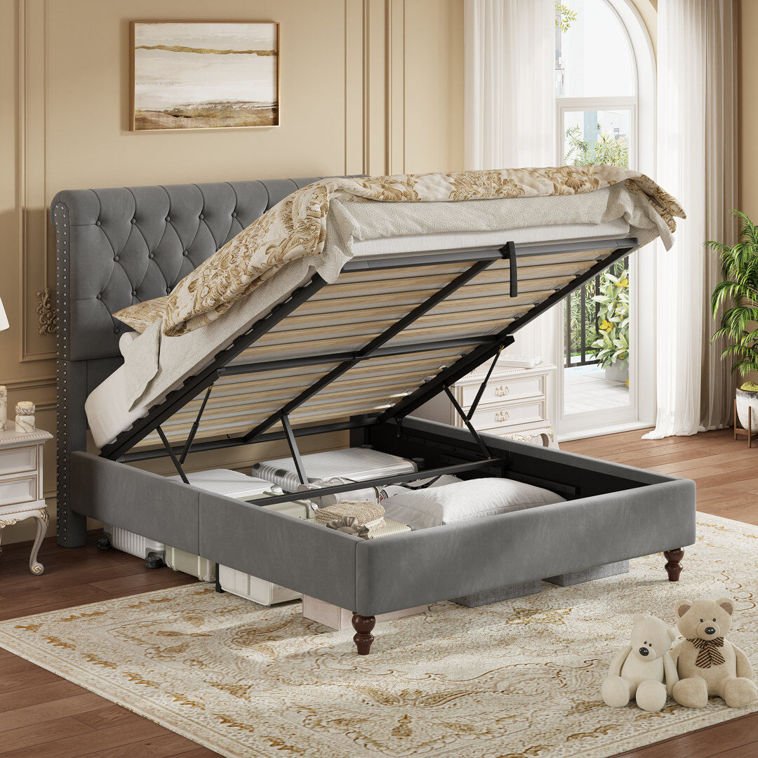 17 Stories Velvet Ottoman Storage Bed With Button-Tufted Scroll Headboard Grey Double (4'6)