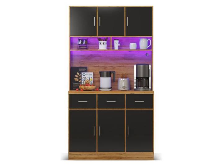 Buffet haut de cuisine - 100x40x180 cm - 3 portes - 3 tiroirs - Prise USB + éclairage LED