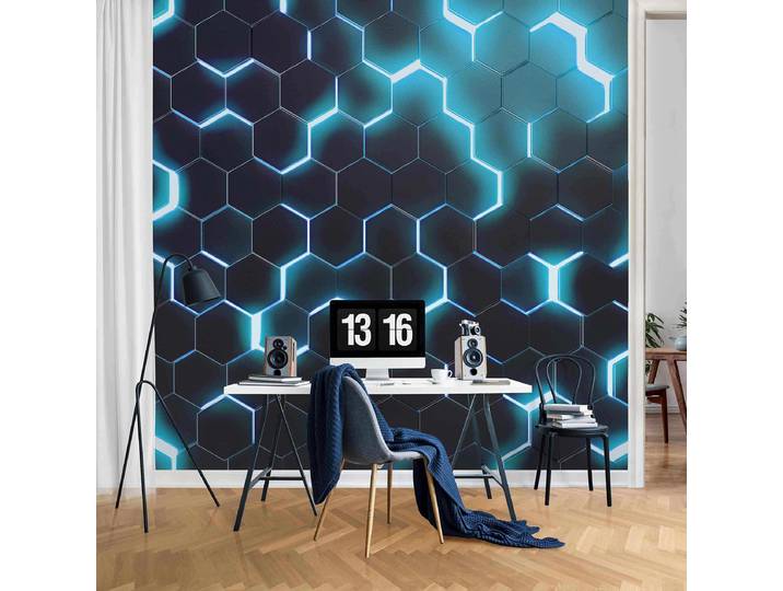 Papier peint Hexagone Néon Turquoise 144 x 144cm 144 x 144 cm