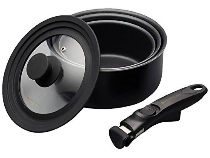 MasterClass Smart Space steelpannen, antiaanbakpannen voor alle kookplaten, inductieveilig, antiaanbakpan, met afneembaar handvat en universeel deksel, aluminium, 5-delige set, grijs