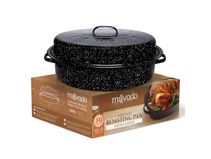 Millvado Graniteware Bräter, 48,3 cm, XL, Truthahn-Bräter mit Deckel, Granitofenbräter – Bräter Deckel für Truthahn, Huhn, Schinken, Braten, Gemüse gesprenkeltes Emaille-Kochgeschirr Braten 9 kg Vögel