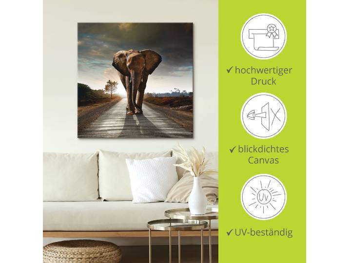 Leinwandbild ARTLAND Ein Elefant läuft auf der Strasse , braun (farbe bild(er): braun), B:70cm H:70cm, Bilder, Leinwandbild, auf Holzrahmen gespannt