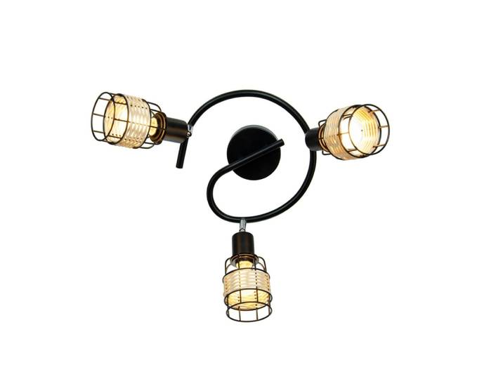 Plafonnier 3 lumières en métal noir et rotin tressé naturel