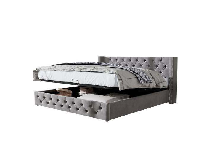 MODFU Polsterbett Polsterbett Doppelbett Stauraumbett Bett mit Lattenrost (Ohrenform Doppelte Nietenreihe Flanell, Knopfnähte Kopf-und Fußende, Bettunterseite ist mit schmutzabweisenden schwarzen Vliesstoff, Grau)