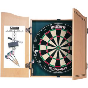 Unicorn Dartscheibe Striker Home Dart Center Set, aus Sisal, mit 6 Dartpfeilen & Kabinett, für Steeldarts