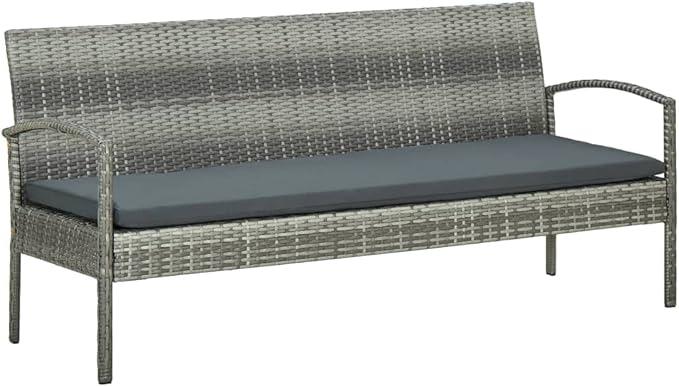 Gartensofa 3-Sitzer mit Kissen, Grau, Poly Rattan, Robustes Outdoor Sofa, Bequeme Couch für Balkon, Terrasse, Gartenmöbel