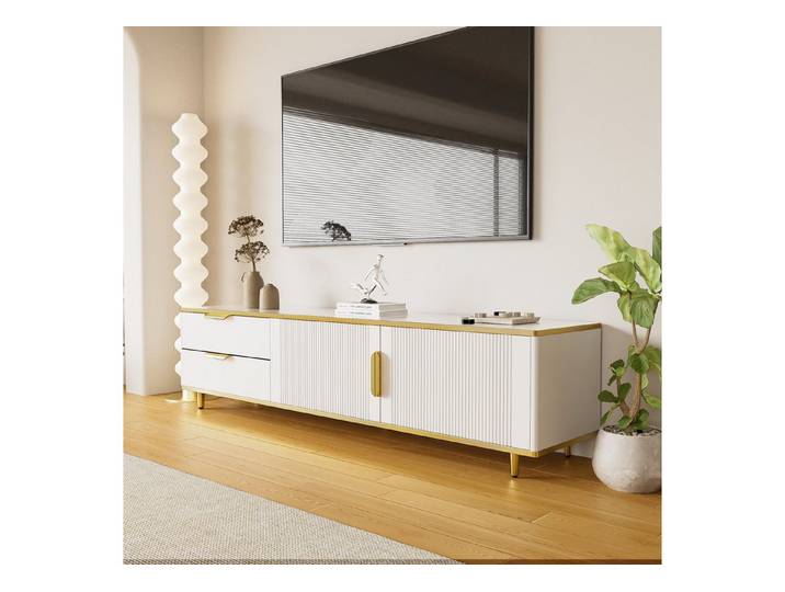 STILVORA Lowboard mit Schubladen,TV-Schrank Fernsehschrank mit goldene Griffe&Füße (Fernsehtisch, TV-Board mit Marmorstruktur, 2 Schubladen und 2 Türen), mit niedriger Teller mit geschnitzter Textur, goldenen Griffen/Füßen