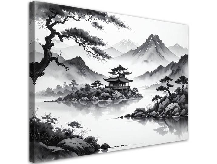 Feeby Leinwandbild Landschaft im japanischen Stil 100x70cm, Schwarz, Landschaft/Berg, Rechteckig, 100x70 cm, Bilder & Rahmen, Bilder, Leinwandbilder