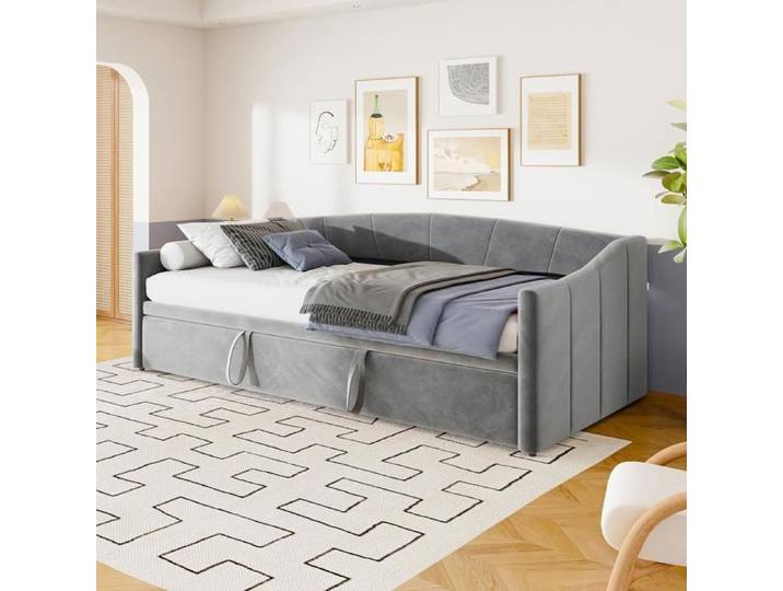 Lit Gigogne 90/180x200cm - Lit Banquette avce Rembourré en Velours Velouté avec Sommier à Lattes Extensible 180x200cm- Gris