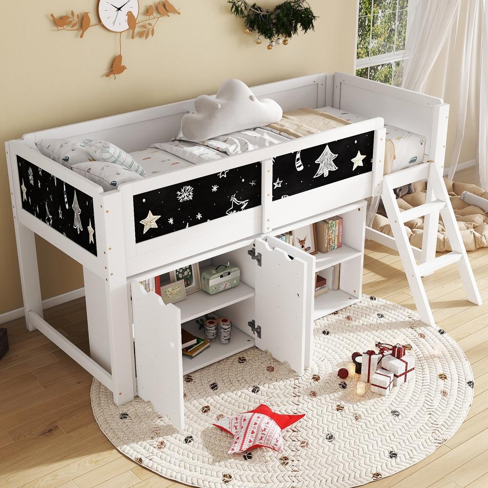 Kinderhochbett 90x200cm aus Kiefer, MDF und Sperrholz, weißes Hochbett mit doppeltürigem Stauraumschrank und Kreidetafel für Kinderzimmer