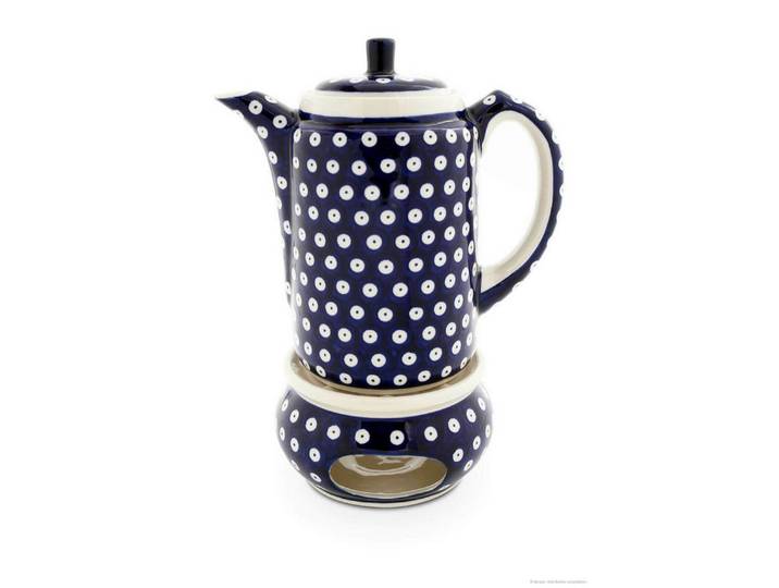 Bunzlauer Keramik Teekanne 1,25L Kaffeekanne mit Stövchen –geradlinig,zylindrische Form, Dekor 42, 1,25 l