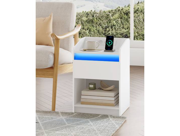 Hzuaneri Table de chevet avec lumière LED, armoire de chevet avec station de recharge, 1 tiroir de rangement table de chevet pour chambre à coucher
