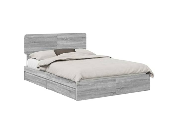 PUGYNBK Bett mit Schubladen, Grau, Sonoma, 150 x 200 cm Robustes Holz, Plattform-Lattenrost, 2 Schubladen mit Griffen, minimalistischer Stil