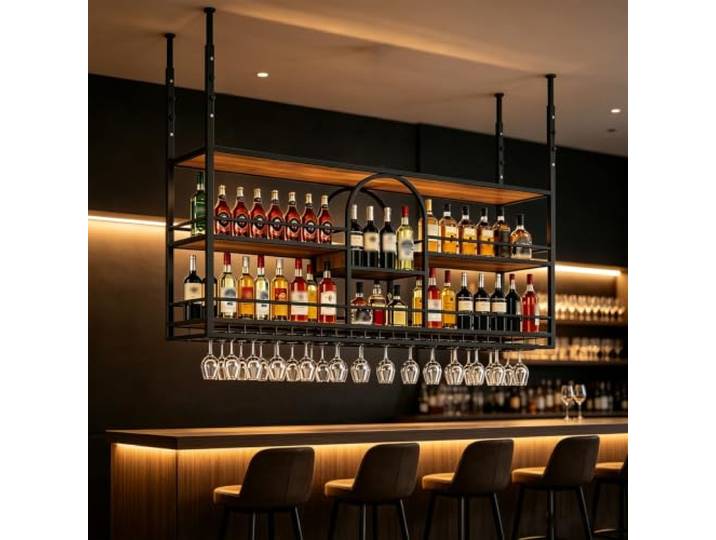 Kifezk 180 cm Höhenverstellbares Decken‑Weinregal, mit Gläserhalter platzsparend mit großem Stauraum und Gläserhalter, Eisen & Massivholz, ideal für Bar, Küche und Restaurant