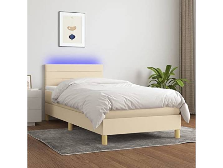 YNGBHFNOP Strapazierfähiger Stoff mit LED Beleuchtung Boxspringbett Boxspringbett mit Matratze und LED Creme 90x190 cm Stoff Polsterbett mit verstellbarem Kopfteil Taschenfederkern Topper