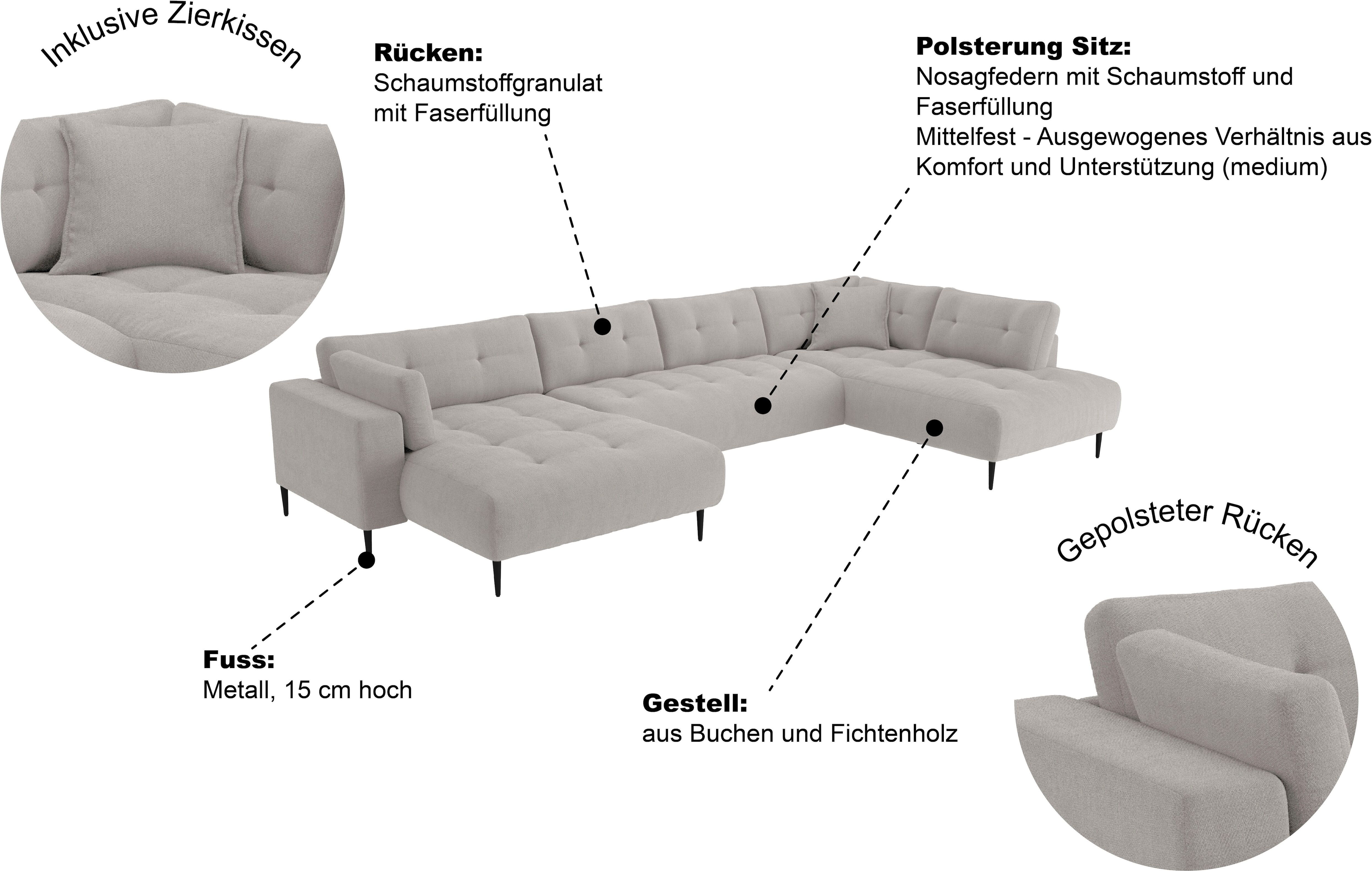 Wohnlandschaft TRENDS BY HG "Leo U-Form, B: 360 cm mit Zierkissen", b737 vinci 25 light grau, B:359cm H:79cm T:199cm, 95% Polyester;5% Polyamide, Sofas, Wohnlandschaft