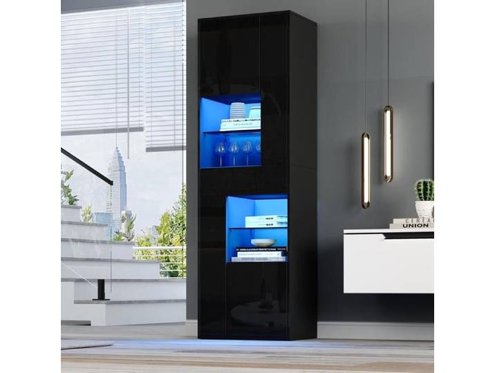 Vitrine LED moderne Noir mat hauteur 170 cm Vitrine avec 1 tiroirs 4 armoires et 11 étagères pour salon