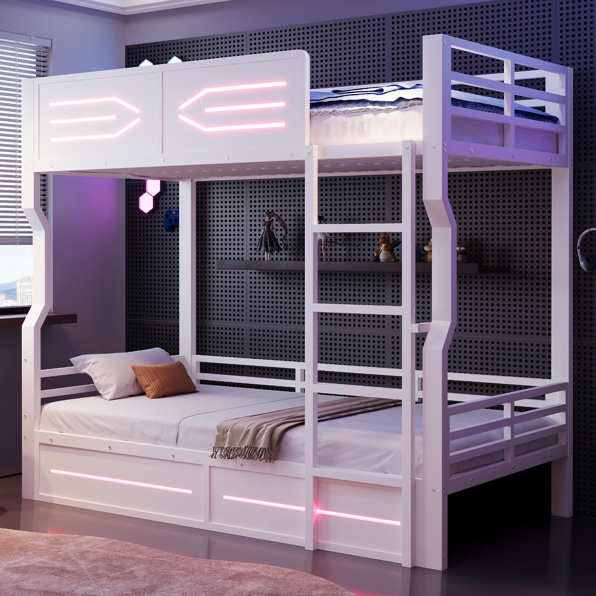 STILVORA Eisenbett 90x200 cm mit einer Matratze Bettgestell mit LED-Beleuchtung, Etagenbett mit geradlinigem Design,Jugendbett mit hohen Seitengittern,Hochbett Weiß