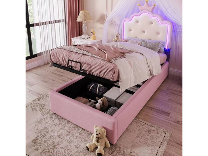 Lit coffre 90x200 cm avec Lumière d'ambiance télécommandée Forme de princesse héritière - PU Rose