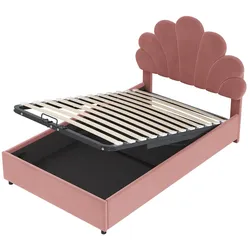 Polsterbett 90x200 cm mit hydraulischem Stauraum und geblümtem Kopfteil – elegantes Design und rosafarbener Samt