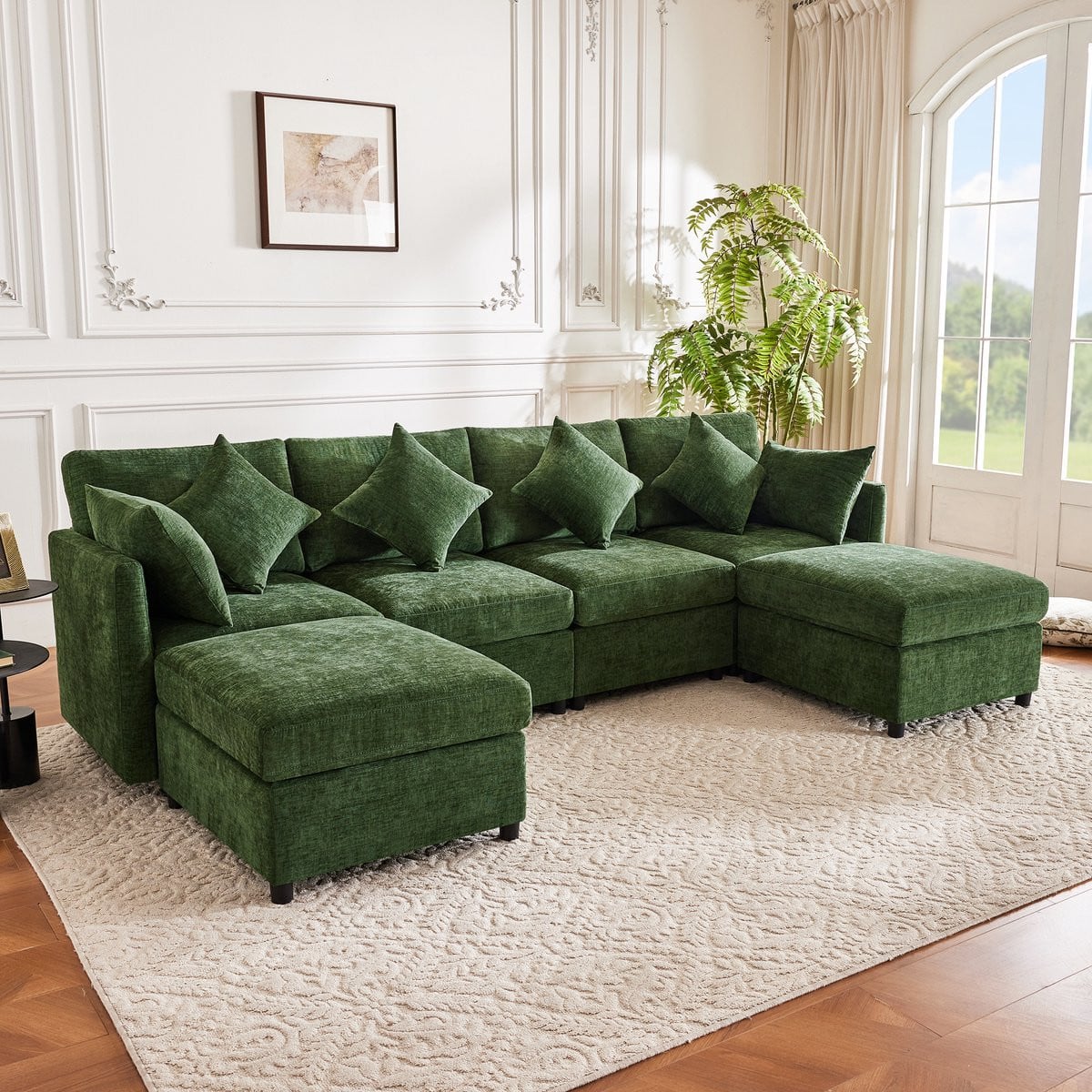 Moderne Multifunctionele U-vormige Hoekbank met 2 Poefjes en 6 Kussens, Grijs Chenille Stof