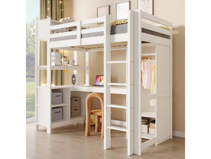Lit Mezzanine Enfant 90x200 cm Lit Combiné avec Bureau d'Angle Penderie Étagères et Sommier à Lattes - Blanc