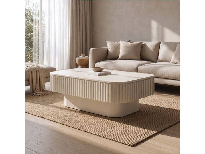 Table basse rectangulaire SENVIRO rainurée 98 x 60 x 35 cm rangement caché beige