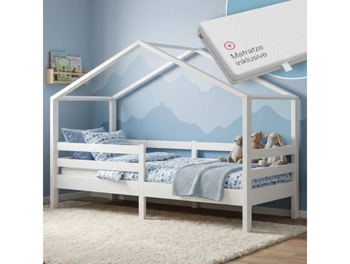 Bellabino Abia Hausbett 90x200 cm, Weiß, Matratze, aus Kiefer Massivholz Montessori Kinderbett mit Rausfallschutz & Lattenrost, für Jungen & Mädchen, Holzbett, Kinderbettgestell, Kinderzimmermöbel