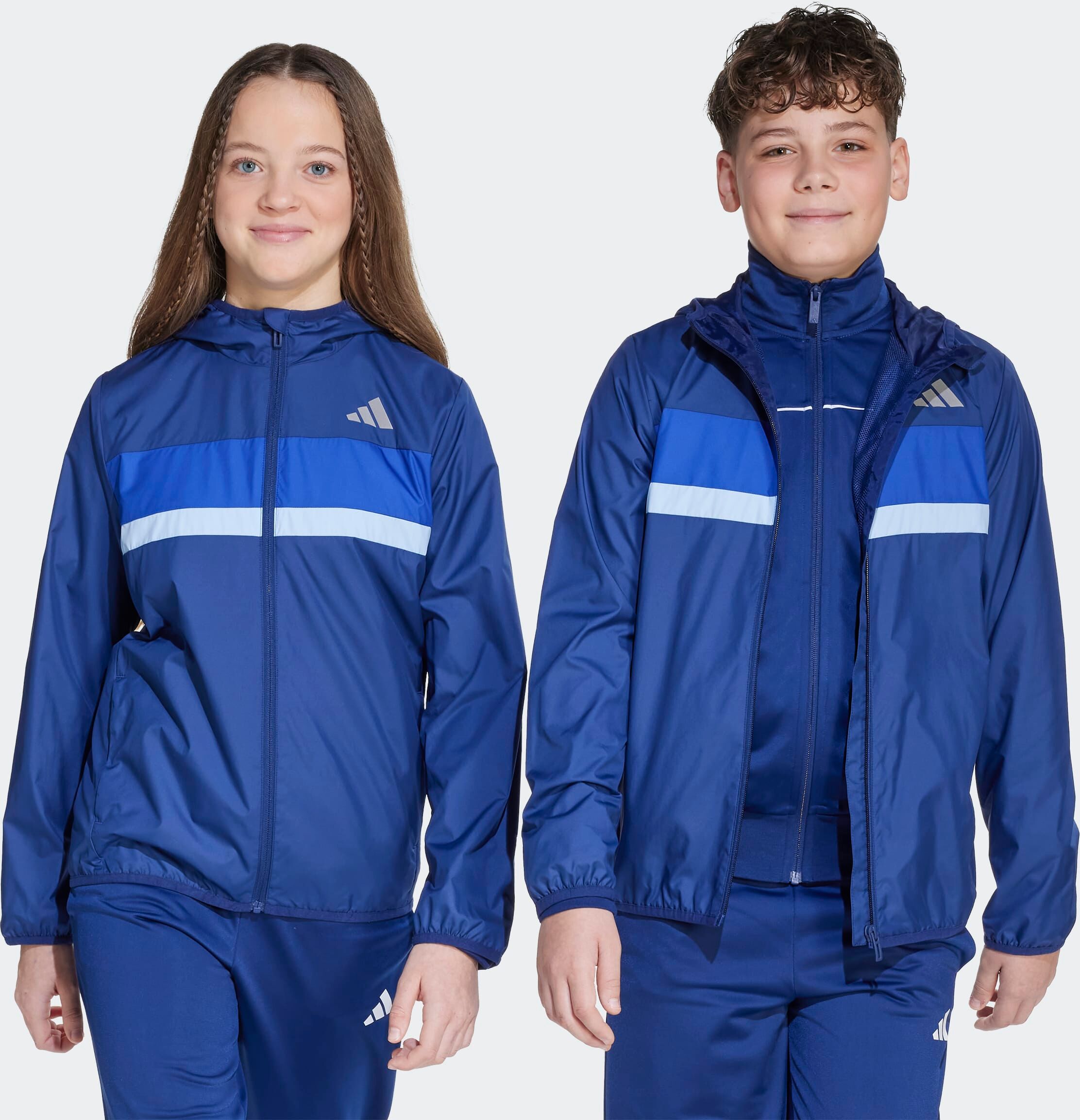Windbreaker ADIDAS SPORTSWEAR "TIBERIO KINDER", Mädchen, Gr. 176, blau (dunkelblau, royal blau, glow blau), Obermaterial: 100% Polyester, normal, Jacken Windbreaker dunkelblau, royal blau, glow blau 176