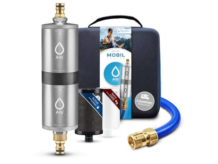 Alb Filter MOBIL FUSION Befüllfilter Camping Alu Silber Zweistufiger Wasserfilter gegen Schadstoffe & Keime bis 0,1 µm, Befüllfilter, GEKA-Set Gardena-kompatibel, Made in Germany