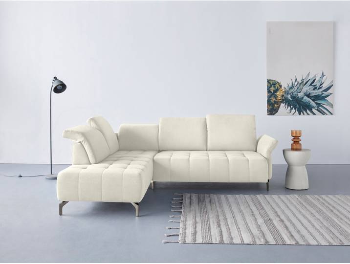 Ecksofa, Polyester, Weiß 260×220 cm, Federkern, Kopfteilverstellung, Modern, Inosign