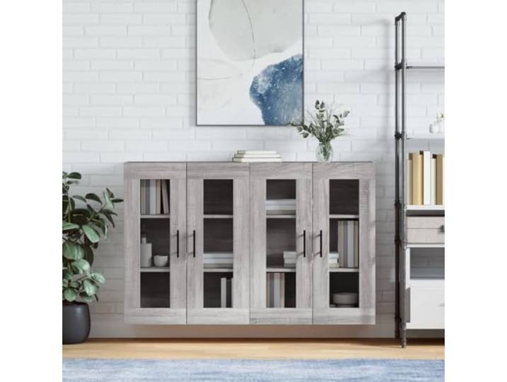 Jkghdrt Wandschraenke 2 STK. Grau Holzwerkstoff Haengeschrank mit Glastuer Wandmontage, feuchtigkeitsbestaendig, Glastuer, Stauraum, Highboard-Aufsatz, 2 Stk., Grau