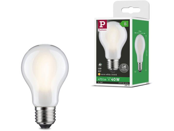 PAULMANN LED-Leuchtmittel Efficient-Line Filament 230V LED Birne E27 470lm 2,5W 3000K dimmb.Matt , Energieeffizienz: B, weiß, L:10,5cm Ø:6cm, Leuchtmittel, LED-Leuchtmittel